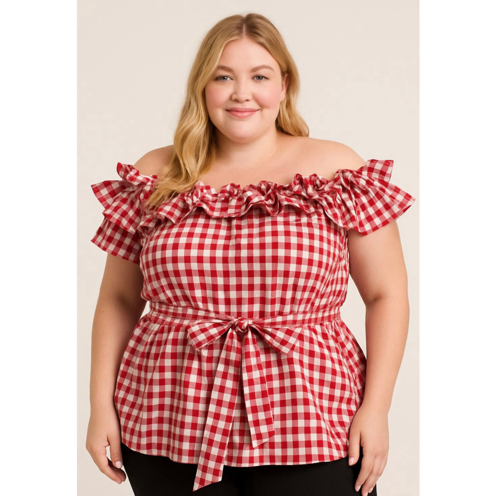 Womens Ashley Stewart Plus Sz 22 Red White Gingham Off-Shoulder Blouse Cabincore